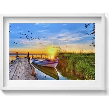 Obraz Nástěnný obraz v rámu s grafikou: Pohled na jezero a západ slunce, 70x50 cm