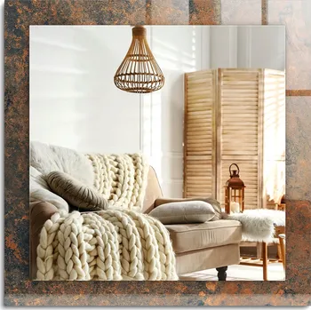 Zrcadlo Čtvercové dekorativní zrcadlo pro vertikální nebo horizontální montáž, rezavý kov, 60x60 cm