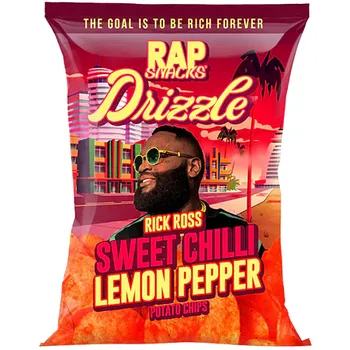 Slaná pochutina Rap Snacks Rick Ross chipsy s příchutí citronu a sladkých chilli papriček 71 g