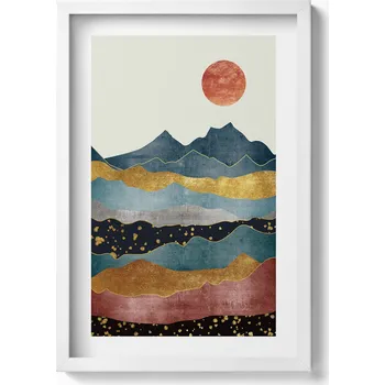 Obraz Bílý rámeček s obrazem Abstraktní krajina barevných hor a slunce 40x60 cm