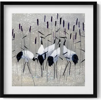 Obraz Dekorativní nástěnný obraz v černém rámu do obýváku Jeřábi v rákosí 50x50 cm
