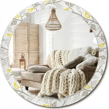 Zrcadlo Nástěnné zrcadlo s ozdobnou grafikou na skle Žlutí ptáci na větvích pr. 90 cm