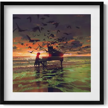 Obraz Dekorativní nástěnný obraz s grafikou v černém rámu Koncert na pláži 50x50 cm