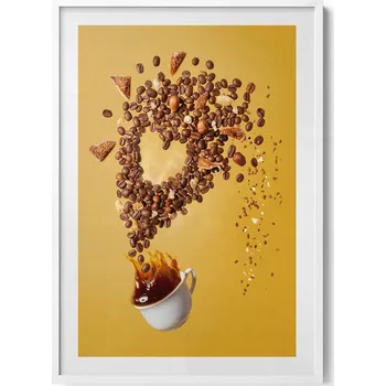 Obraz Obraz v bílém rámu do obýváku Šálek kávy a zrnka abstrakce 70x100 cm