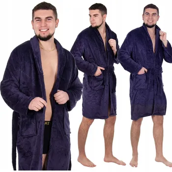 Pánský župan Pánský župan Springos tmavě modrý L/XL dlouhý polyester na zavazování