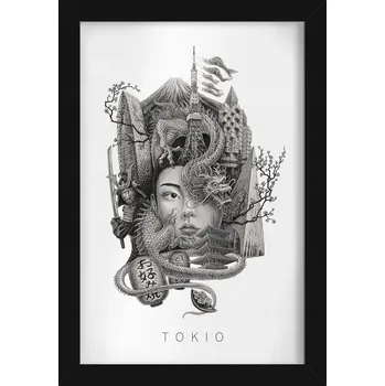 Obraz Moderní nástěnná dekorace Černobílé Tokio Drak Višňový květ 20x30 cm