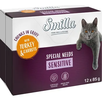 Krmivo pro kočku Smilla Adult Sensitive kapsičky kousky v omáčce se zeleninou - krůtí a mrkev 12 ks (12 x 85 g)