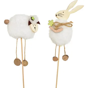 Velikonoční dekorace Zápich ovečka a zajíček plyšový - set 2 ks