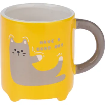 TIAKI hrnek s nápisem "Have a good day" žlutý s nápisem pro milovníky koček