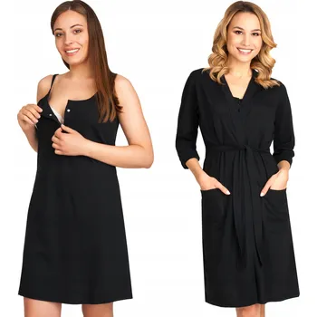 Dámská noční košile TĚHOTENSKÁ KOŠILE A ŽUPAN SADA DO PORODNICE ČERNÁ BAVLNĚNÁ L