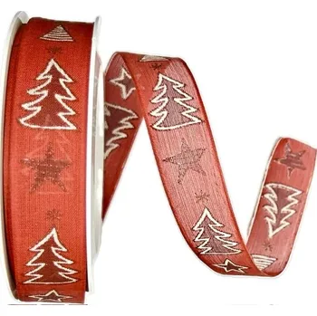 Stuha POSLEDNÍ KUSY! Stuha vánoční TREES & STARS červená 25mm x 20m ( 5,-Kč/m) (Vánoční stuha bavlněná, červená, oboustranný potisk, s drátkem v lemu)