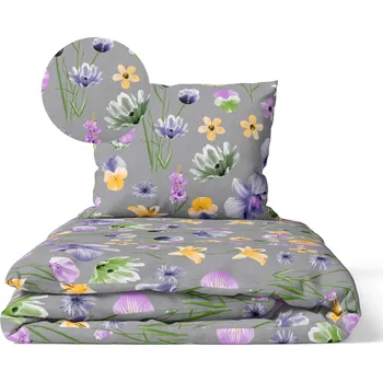 Povlečení Povlečení 140x200 + 1x70x80 cm, 140 g/m2, 100% BAVLNA - Polní květy na šedé
