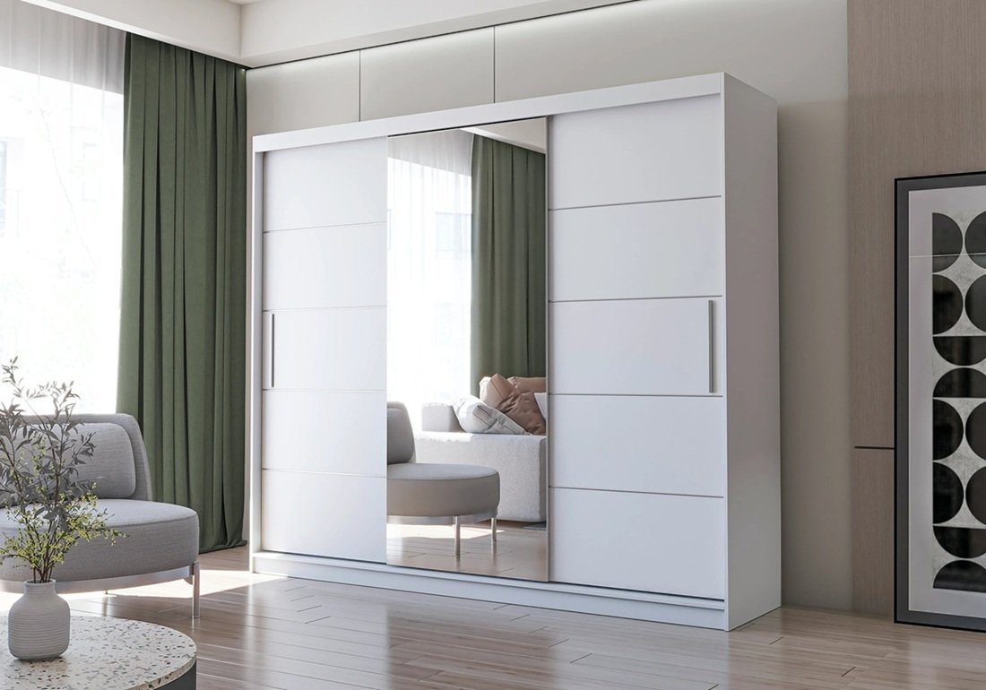 Moderní šatní skříň Alba se zrcadlem - bílá - 250 cm