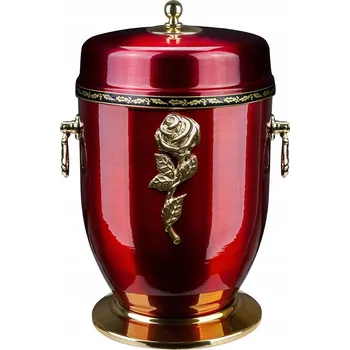 Smuteční dekorace Červená kovová urna na popel s růží, pohřební urna, kremační urna