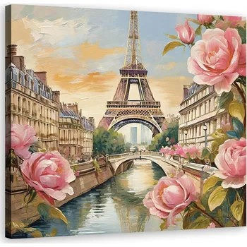 Obraz Obraz na plátně, Paříž, Eiffelova věž, květiny, růže 60x60
