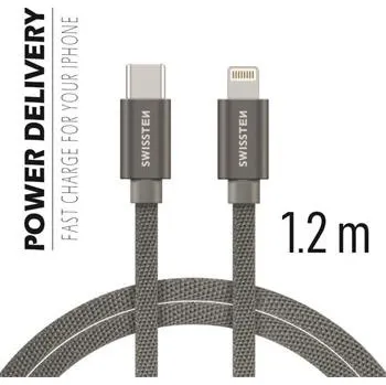 Kabel Swissten Datový Kabel Textile USB-C / Lightning 1,2 M Šedý