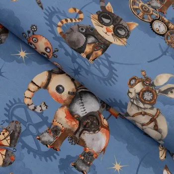 Dětská bavlněná látka/plátno Sandra SA-581 Zvířátka vynálezci na modrém - šířka 160 cm