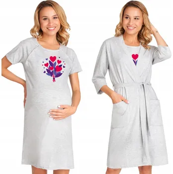 Dámská noční košile NOČNÍ NOČNÍ KOŠÍLEK A SADA KOJITELSKÉHO NA KOJENÍ BAVLNĚNÁ BAVLNA TĚHOTENSTVÍ, ŠEDÁ, XL