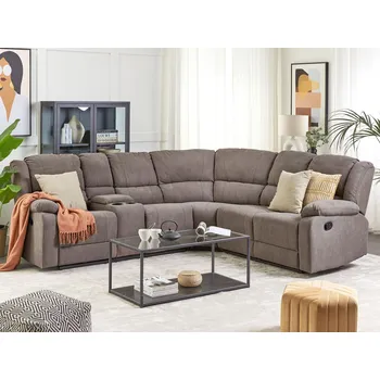 Pohovka Manuálně polohovací pohovka rohová látková taupe béžová pětimístná středový úložný prostor držák na hrnek Beliani