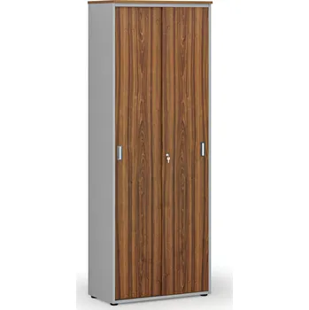 Kancelářská sestava Kancelářská skříň se zasouvacími dveřmi PRIMO GRAY, 800 x 420 x 2128 mm, šedá/ořech