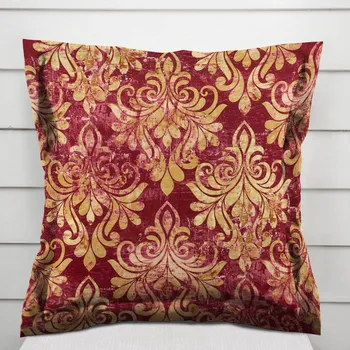 Povlak na polštářek Sametový povlak na polštář s lemem Tamara TMR-053 Zámecký vzor na vínově červeném 50 x 50 cm
