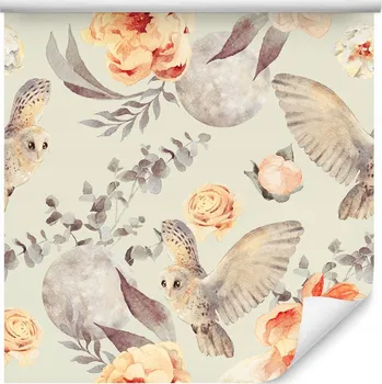 Tapeta Tapeta do dětského pokoje sovy ptáci květiny zeleň