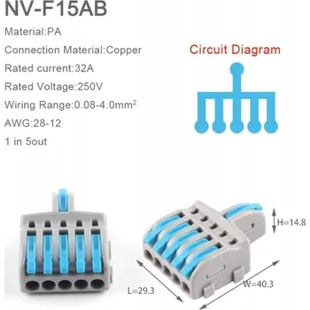 Elektrický konektor PRŮCHOZÍ RYCHLOSPOJKA jako WAGO, konektor rozbočka rozdělovač 1/5