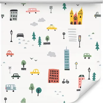 Tapeta Tapeta pro děti auta budovy duha stromy