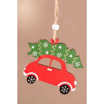 Vánoční dekorace Závěsná dřevěná dekorace auto se stromkem 10 cm
