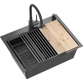 Granitový dřez MyQ dřez LEO CENTER kuchyňský dřez ocel černý set baterie 58x45