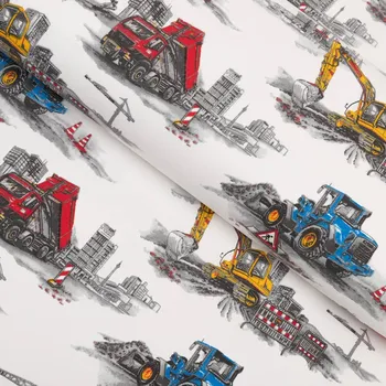 Dětská bavlněná látka/plátno Sandra SA-578 Náklaďáky a bagry na bílém - šířka 160 cm