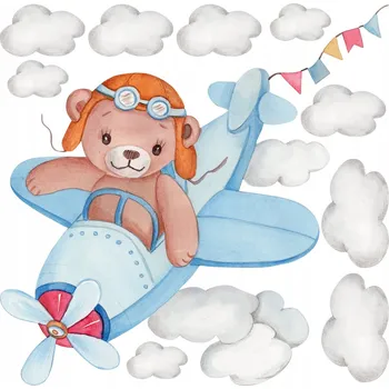 Obraz Nálepky na zeď MEDVÍDEK LETADLO MRAKY 100x100 cm