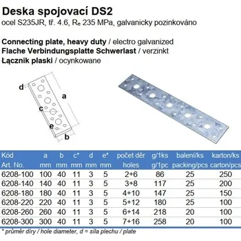 Tesařské kování Plech spojovací DS2, 100x40mm, 3,0mm, ZN