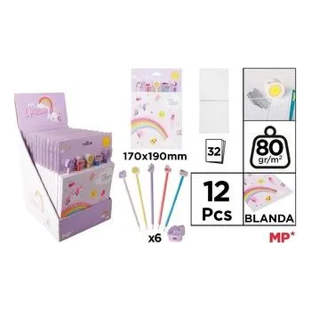 Set školních potřeb Notes z kredkami i gumkami Unicorn