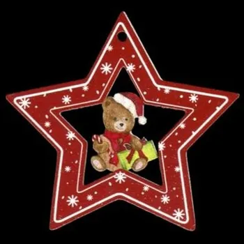 Vánoční dekorace AMADEA Dřevěná ozdoba barevná hvězda s medvídkem 6 cm