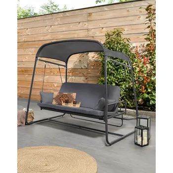 Zahradní houpačka Zahradní houpačka se stříškou tmavě šedá síťovaná ocelová konstrukce 3místná venkovní vodoodpudivá konstrukce Beliani