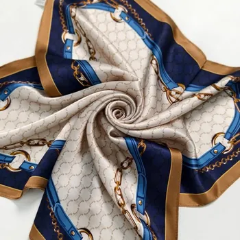 Šátek Hedvábný šátek Béžový s modrým a zlatým řemínkem 68x68 cm v dárkovém balení, HEDVÁBNÝ SVĚT