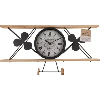 Žertovný předmět Černé nástěnné hodiny 47 cm – Letadlo z kovu a dřeva
