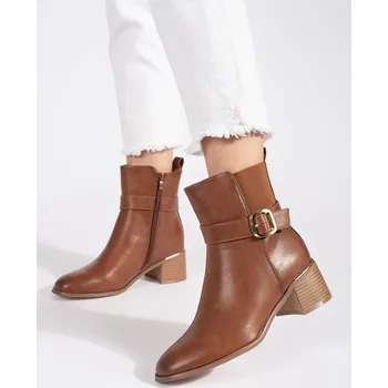 Dámské polobotky Módní dámské kotníkové boty hnědé na širokém podpatku 38