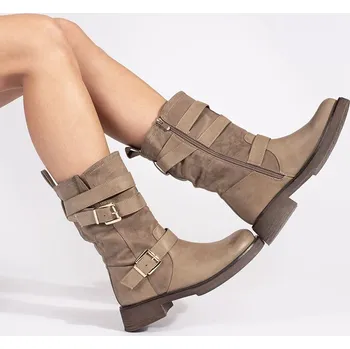 Dámské polobotky Exkluzívní kotníkové boty dámské béžové na širokém podpatku 36