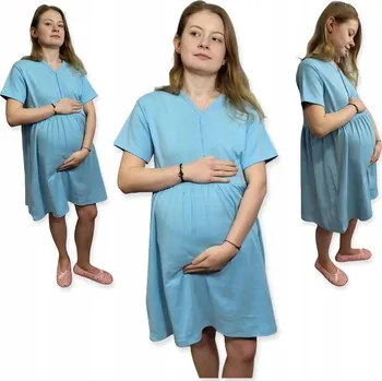 Dámská noční košile NOČNÍ TĚHOTENSKÁ KOŠILE K PORODU BAVLNĚNÁ S KRÁTKÝM RUKÁVEM, velikost M, MODRÁ