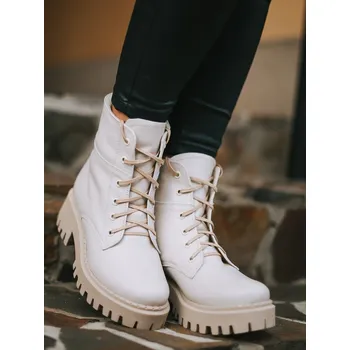 Dámské kozačky Kotníkové kozačky z pravé kůže na šněrování B-01 CREAM