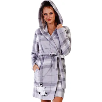 Dámské noční prádlo Šedý károvaný hřejivý dámský župan s tučňákem 1Z1700 šedá xl