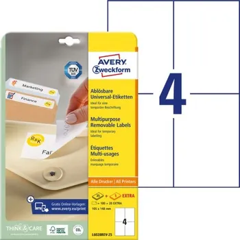 Samolepící etiketa AVERY Snímatelné etikety 105x148mm 4 etikety na A4, bílé