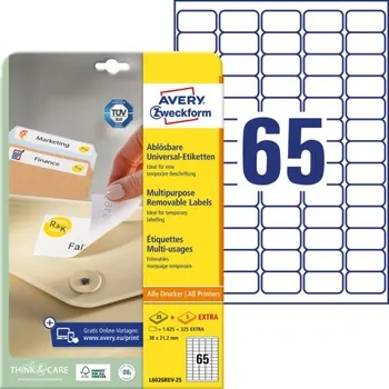 Samolepící etiketa AVERY Snímatelné etikety 38,1x21,2mm, 65 etiket na A4, bílé