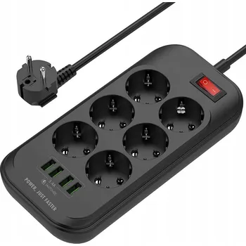 Napájecí kabel 2M NAPÁJECÍ PRODLUŽOVACÍ KABEL PROTIPŘEPĚŤOVÁ OCHRANA VYPÍNAČ 6 ZÁSUVEK + 4x USB