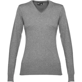 Dámský svetr THC MILAN WOMEN. Dámský svetr s výstřihem do V z bavlny a polyamidu - Šedý Melír / S