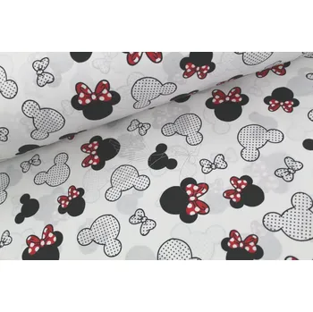 Mickey hlavy na bílé - červená mašle - bavlněné plátno, šíře 160cm