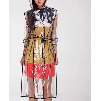 Pláštěnka Módní průhledná pláštěnka, PVC kabát s kapucí a páskem Černá XL