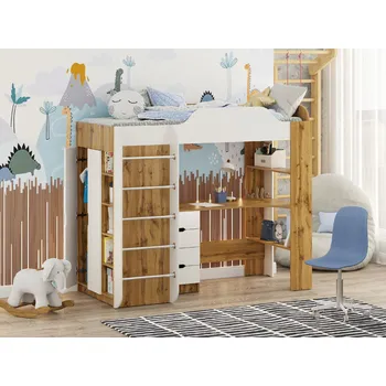 Dětská postel Slevadoma Patrová postel KIDS, 80 x 190 cm, s psacím stolem, regály a šatní skříní Barva: antracit + bílá